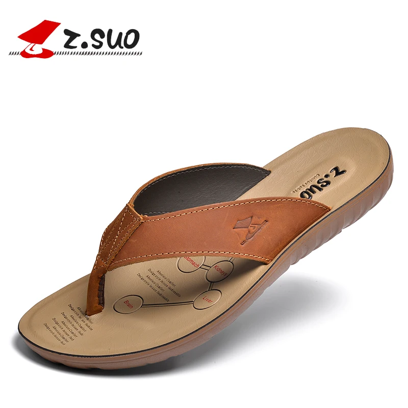 

z.suo 2017 Brown Summer Outdoor Men's Slippers Cow Leather Beach Sandals Shoes Man Casual Men Flip Flops Plus Size 44 45 S16618