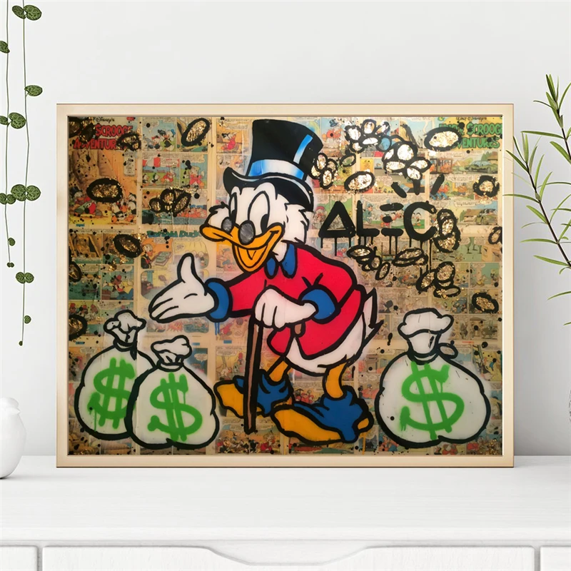 Monopolyingly Art Canvas Painting Street Artist Scrooge Mcduck Dollar Sign Statue Poster Wall Picture for Living Room No Frame