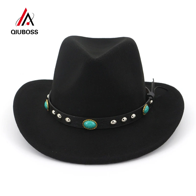 

QIUBOSS Men Women Wide Brim Jazz Fedoras Sun Hat Unisex Wool Felt Fedora Hats Western Cowboy Hat Leather Belt Decor QB133