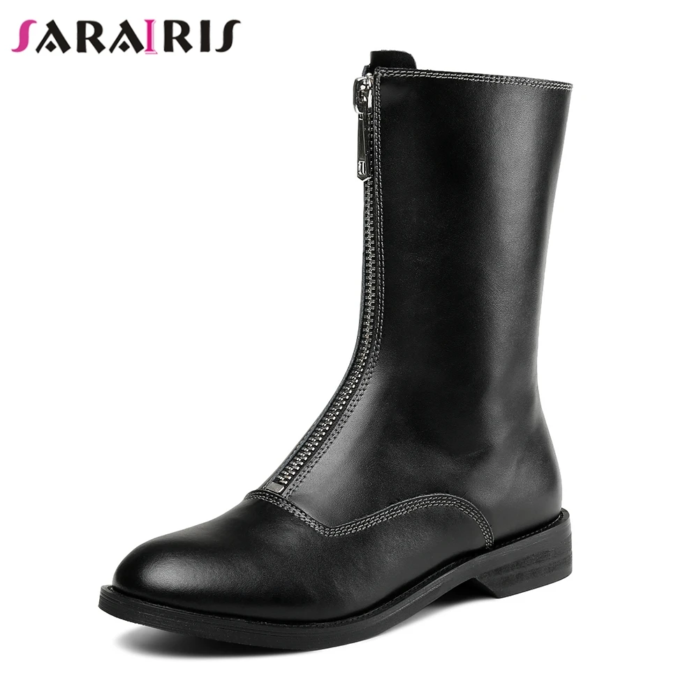 

SARAIRIS New Wide Low Heels 3cm Zip Black Round Toe Shoes Woman Genuine Leather Casual Autumn Mid Calf Boots Large Size 33-43