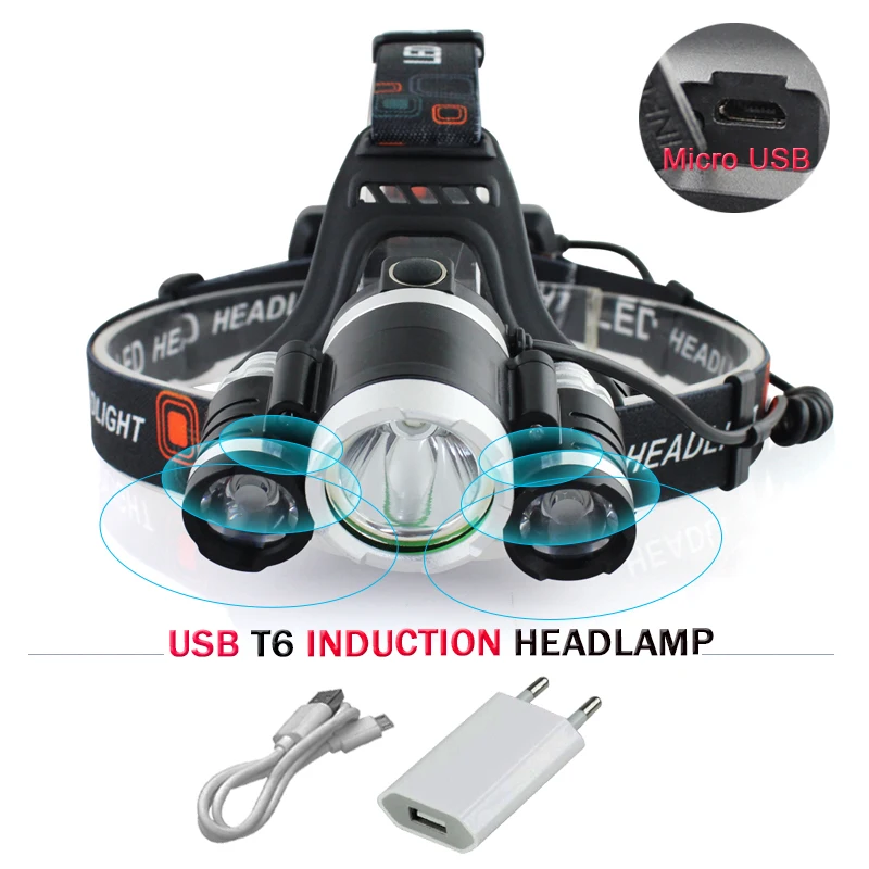 

Micro USB Headlight IR Sensor Induction headlamp waterproof head torch cree XML t6 led headlamp Lanterna light 18650 hoofdlamp