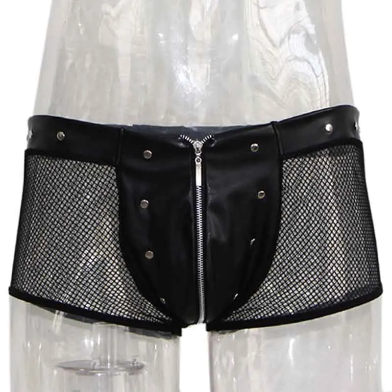 Erotic Lingerie For Mens Underpants Black Leather Fishnet Boxer Shorts Men’s Underwear Gay Fetish Punk Stud Zipper Sexy Boxer   (3)