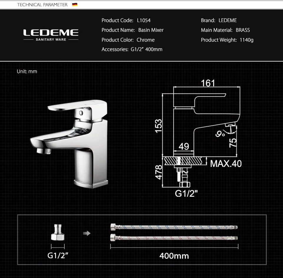 LEDEME Смеситель для умывальника латунь Цвет: хром L1054