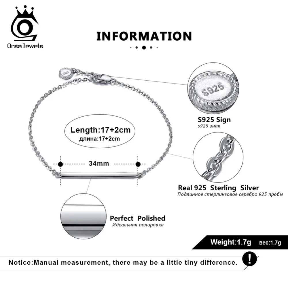 ORSA JEWELS, женские браслеты из серебра 925 пробы, идеальная полировка, простой дизайн, браслет-цепочка, Модные женские ювелирные изделия SB23