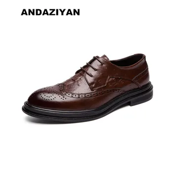 

Thick-bottomed Brock carved men shoes leather lace round head business casual shoes