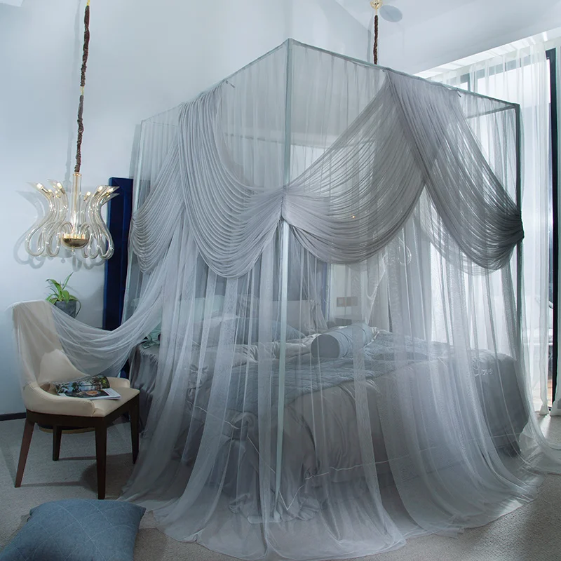 Blue gray Mosquito Net palace Four Corner Post girls Canopy Bed Mosquito Net contain frame for Queen King Bed Drop Shipping