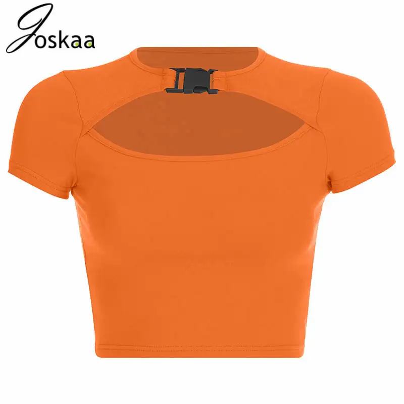 

Joskaa Buckle Hollow Out Short Sleeve Cotton Harajuku Crop top Sexy Casual Chic Summer T-shirts Tee Shirt Femme