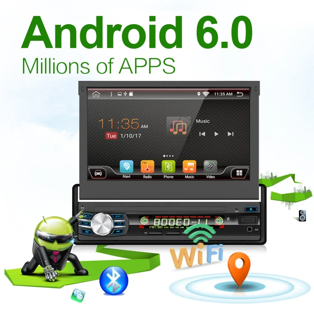

Car Radio 1 din Android 6.0 Wifi Autoradio Stereo Player Universal GPS Navigation Retractable Screen Bluetooth+Free camera usb