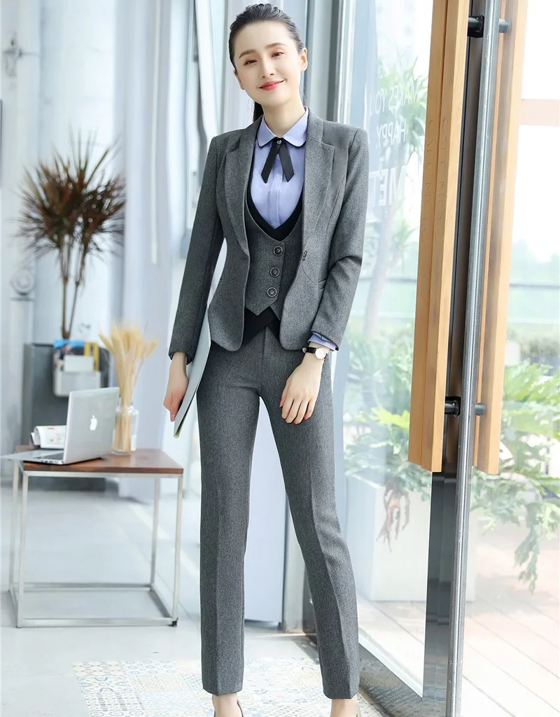 Fashion Grey Formal Business Suits 3 Pieces Blazer Coat + Vest + Pants ...