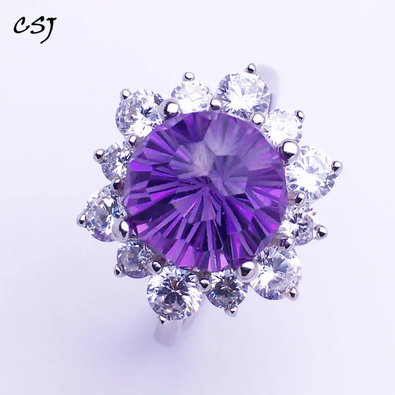 

CSJ 100% Natural Amethyst Rings Sterling 925 Silver Round Fireworks Cut Fine Jewelry Women Femme Wedding Engagement Party Gift