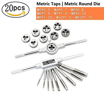 

20pcs NC Machine Screw Metric Tap and Die Bit Set | Adjustable Tap Die Wrench 1/16" -1/2", M3- M12 | Carbon Steel Tap & Die Sets