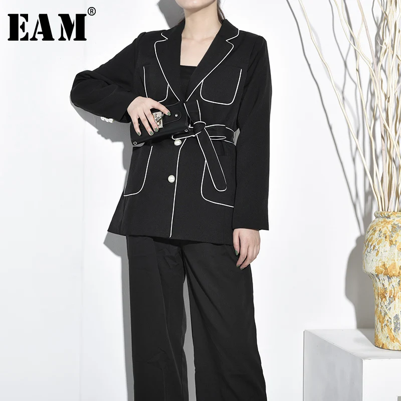 

[EAM] 2019 New Spring Autumn Lapel Long Sleeve Pockets Bandage Single Breasted Temperament Jacket Women Coat Fashion Tide BC032