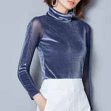 Весенние женские модные тонкие бархатные водолазки с сеткой в стиле пэчворк OL формальные женские рубашки-топы рубашки брендовые топы футболки