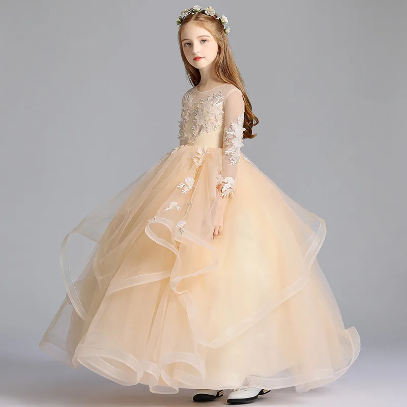 US $105.83 2020 Summer Spring Luxury Exquisite Children Girls Appliques Flowers Champagne Birthday Wedding Party Host Princess Long Dress