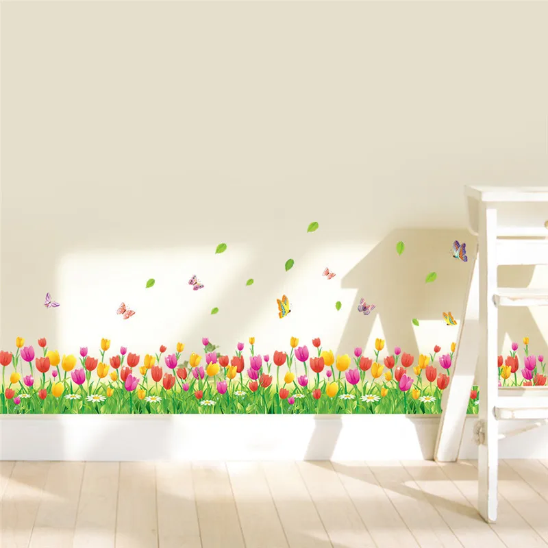 Чудесный сад Тюльпан Цветок Бабочка 3d наклейки на стену DIY Наклейка на стену домашний Декор Гостиная спальня окно плинтус