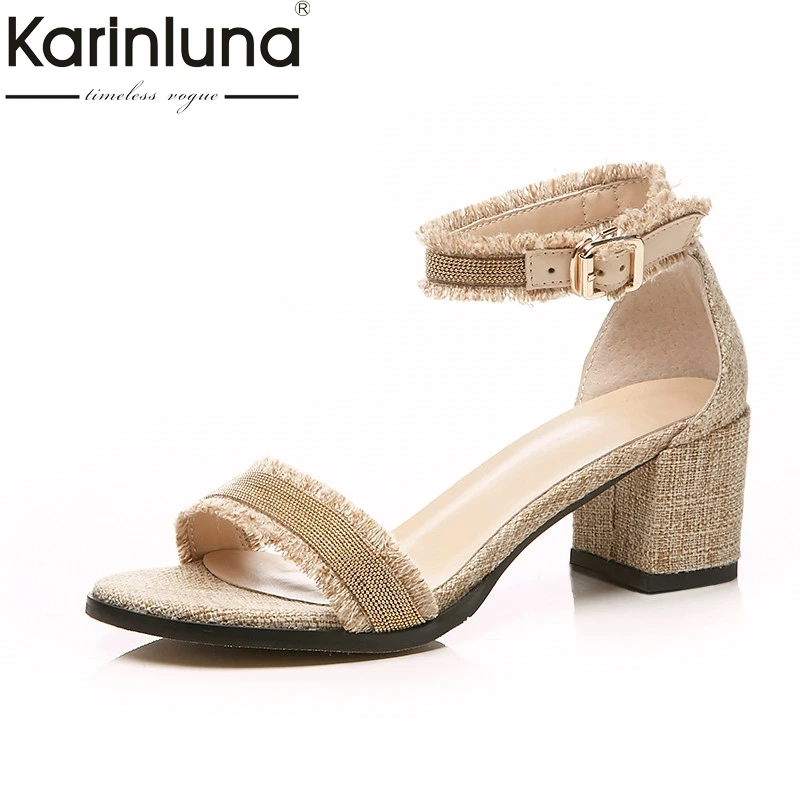 

KarinLuna Large Size 33-40 Denim Mix Color Shoes Woman Square High Heels Soft Buckle Strap Summer Sandals