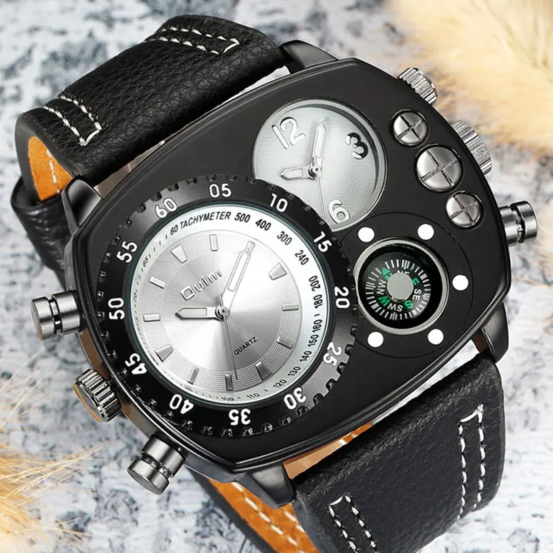 

New Two Time Zone Men's Watches Top Luxury Brand Male Quartz Big Size Watch Individuality Large Men Military Wristwatch oulm