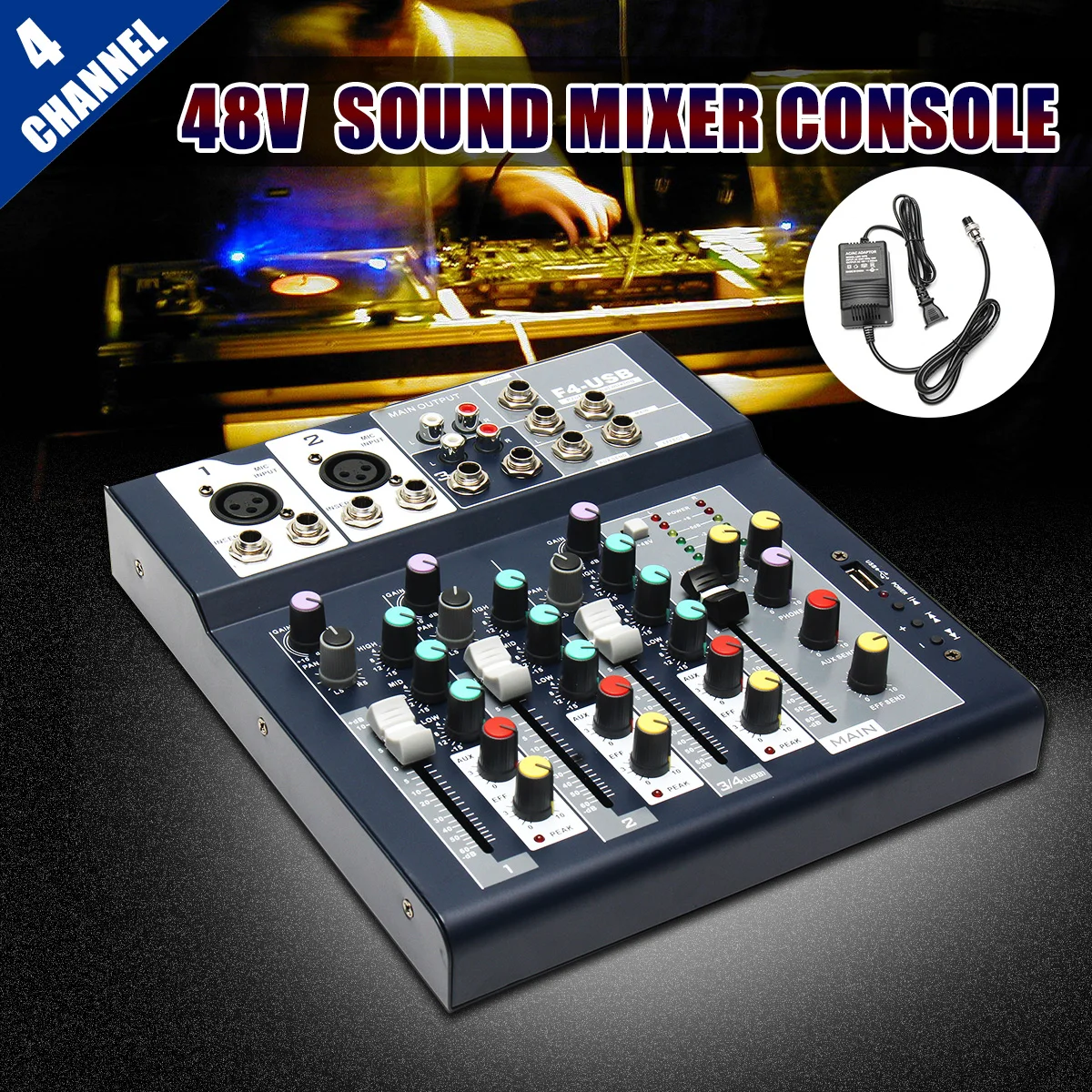 

1Pcs Metal+Plastic 4 Channels Mini Microphone Portable DJ Mixer Sound Mixer Console for family KTV 48V Phantom Power With USB