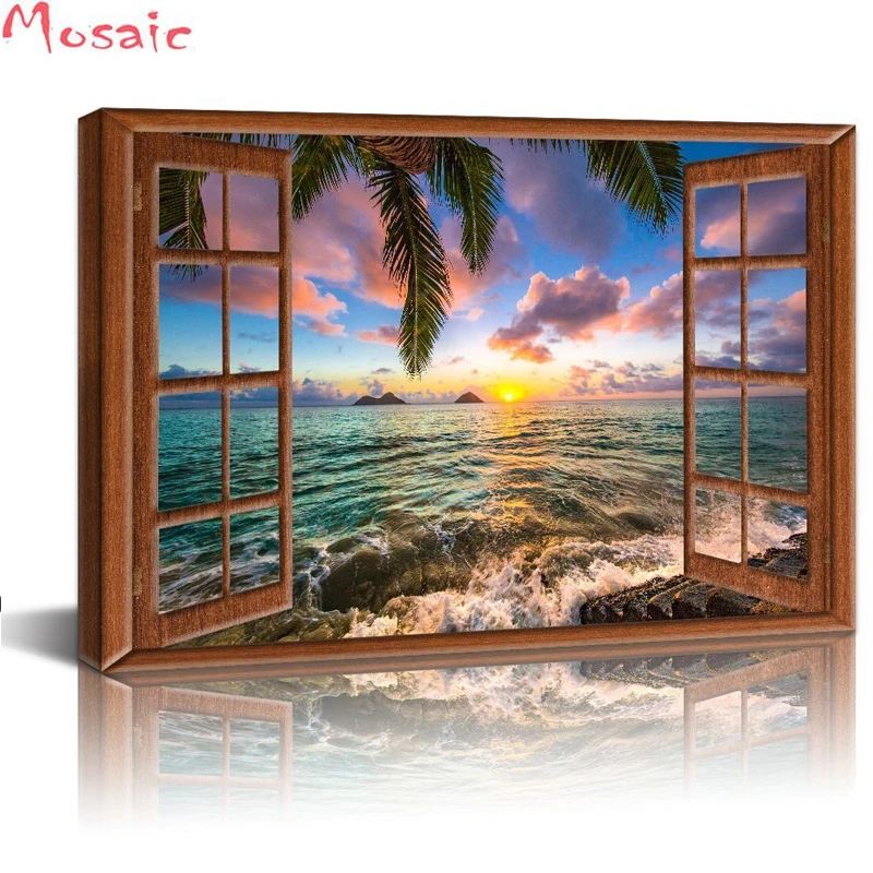 

Diy diamond embroidery Window Frame Style Beautiful Lanikai Beach Hawaii Sunrise Picture cross stitch kits diamond painting