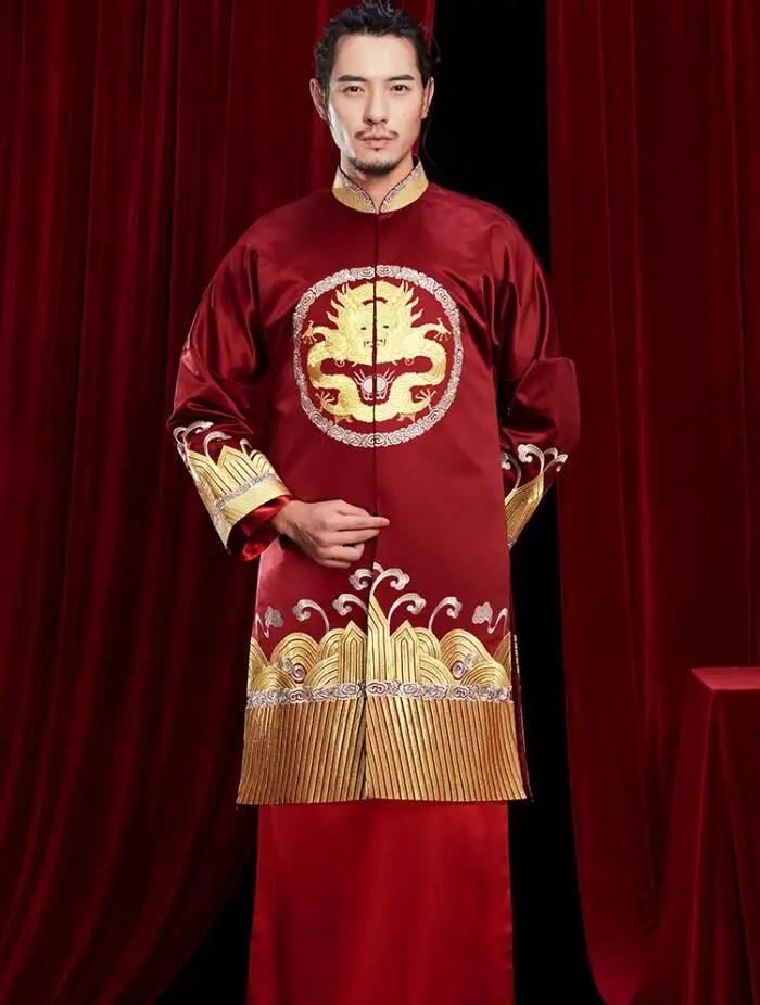 Жених Винтаж Свободный чеонгам традиционное китайское свадебное платье атласное Qipao Вышивка костюм дракона Vestido восточные мужские - Цвет: burgundy DRESS6