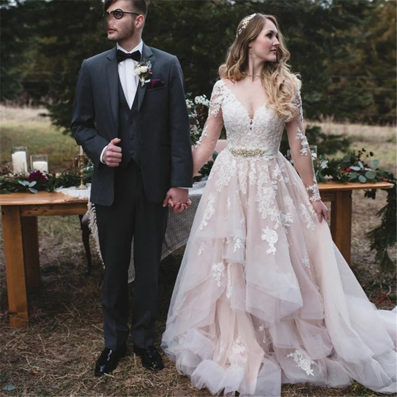 

A Line Long Sleeve Full Lace Appliques Wedding Dresses 2019 Tulle Backless V Neck Bride Dress vestido de noiva Free Shipping