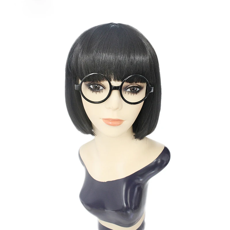 

Glasses Frame + The Incredibles Edna Mode Short Straight Black Synthetic Cosplay Wig With Flat Bangs For Party