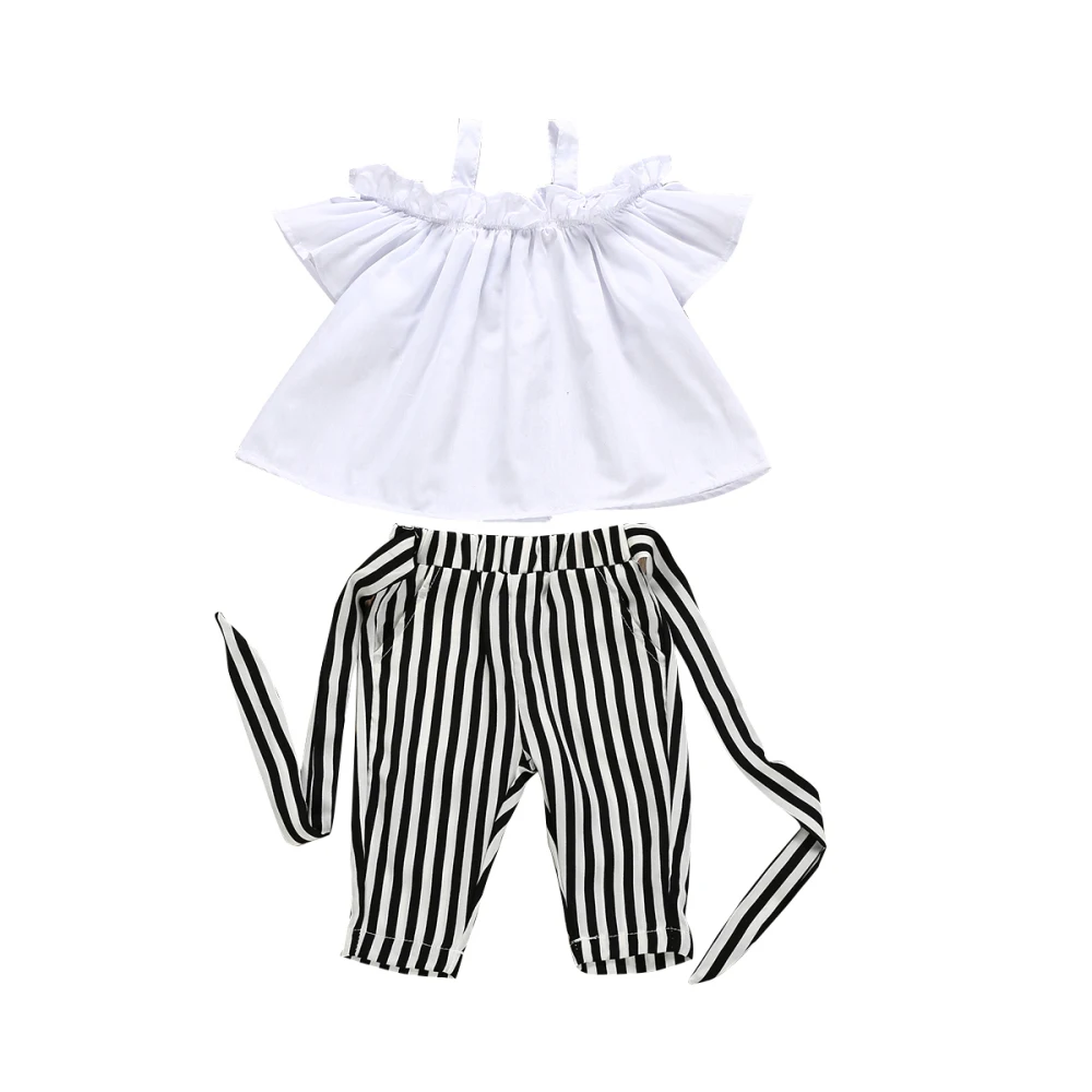 Летний модный комплект из 2 предметов для маленьких девочек, летние топы с открытыми плечами, длинные штаны в полоску, комплект одежды