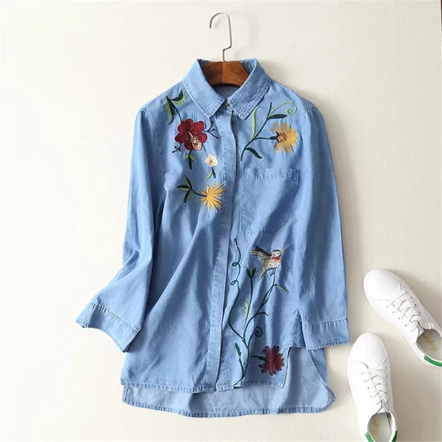 Spring Embroidery Denim Shirt Women Floral Vintage Jeans Blouses Casual