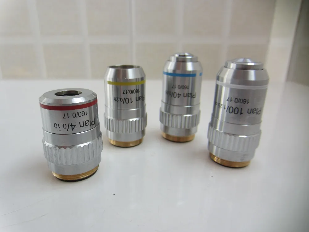 

4X, 10X, 40X, 100X 4PCS L=195 Plan Achromatic Bio-Microscope Biological Microscope Objective Lens Thread Diameter 20.2MMx0.705