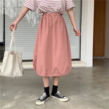 3 colors spring summer solid color high waist long skirts lace up elastic waist midi skirts womens(L511