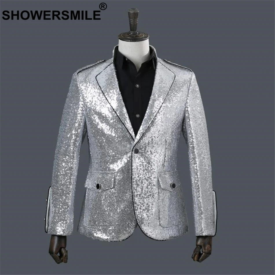 

SHOWERSMILE Silver Sequin Blazer Men Stage Clothing For Singers Fashion Mens Dance Suits Spring Brand Male Costume Jacket