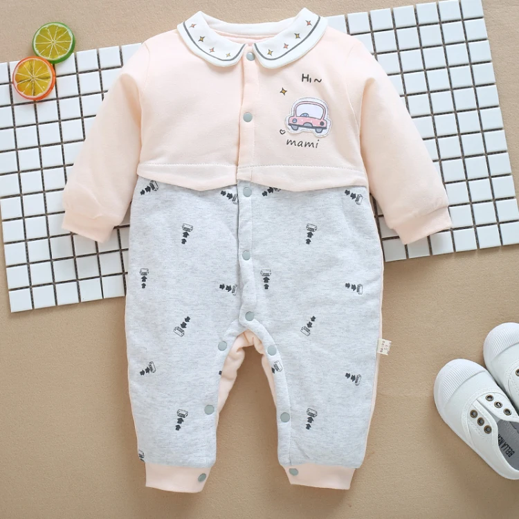pink blue yellow turn down collar single breasted long sleeve baby rompers (2)