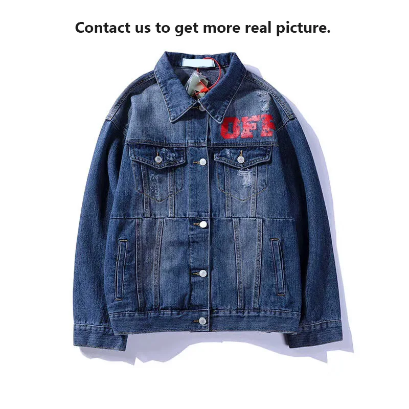 Off White Letter Print Denim Jacket Men Ripped Holes Mens Blue Jean Hip Hop Jeans Bomber Jacket Garment Washed Mens Denim Coat Off White Letter Print Denim Jacket Men Ripped Holes Mens Blue Jean Hip Hop Jeans Bomber Jacket Garment Washed Mens Denim Coat
