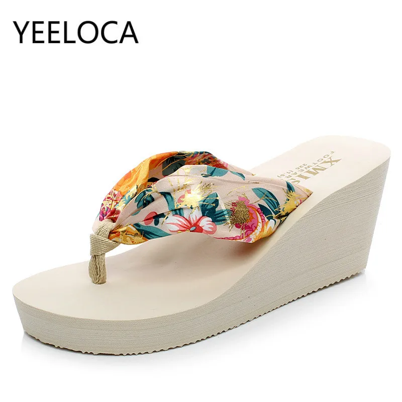 

YEELOCA Bohemian Silk Flip Flops Women's Sandals Muffin Slippers Platform Flower Shoes Womens Wedges Slippers zapatos mujer