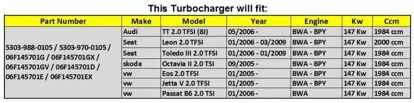 06F145701E 06F145701H Турбокомпрессор для Skoda Octavia II 2,0 TSI 200 hp BWA BPY K03-0105 турбина Полный 06F145701HX 06F145701HV