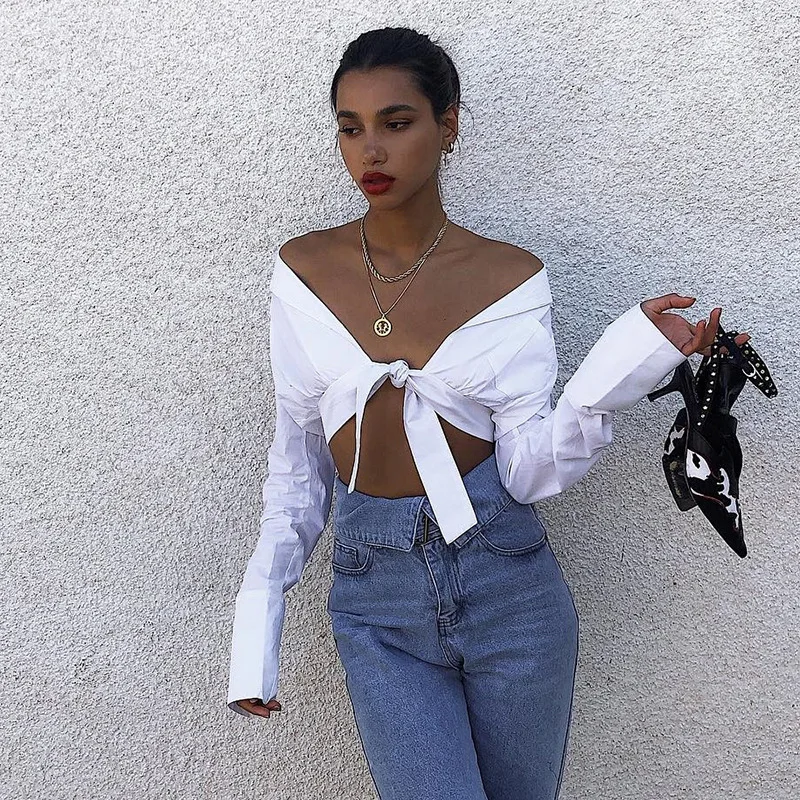 Cryptographic Cotton Sexy V-Neck White Womens Tops and Blouses Long Sleeve Shirts Cropped Tops Slim Casual Autumn Clothes New