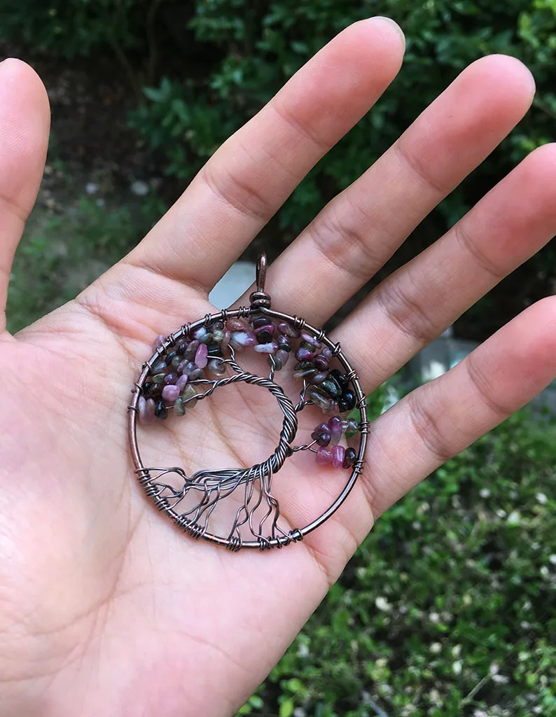 

Girl Necklace lovers spirituality handmade Tourmaline Pendant birthday Gift men Copper Tree Of Life Crystal Stone child