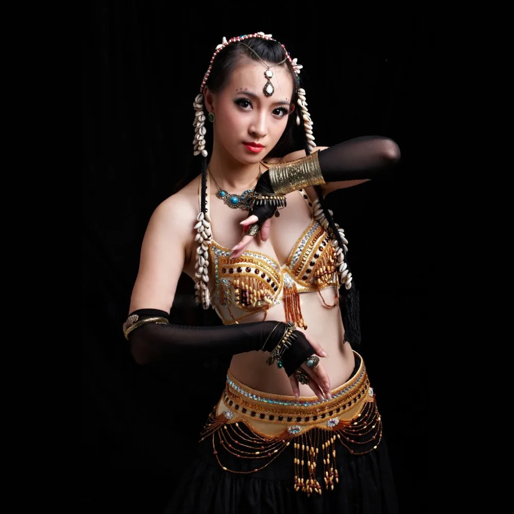 

Performance Tribal Belly Dance Clothes for Women 4 Pieces Outfit Set Antique Bronze Beads Bra Belt Skirts Gypsy Dance Costumes