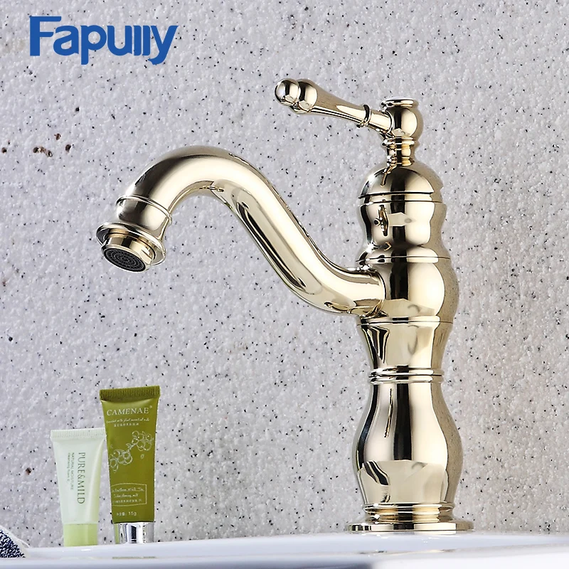

Fapully Basin Faucet Gold Bathroom Taps Deck Mounted Single Handle Gold Brass Bathroom Basin Water Mixer Taps