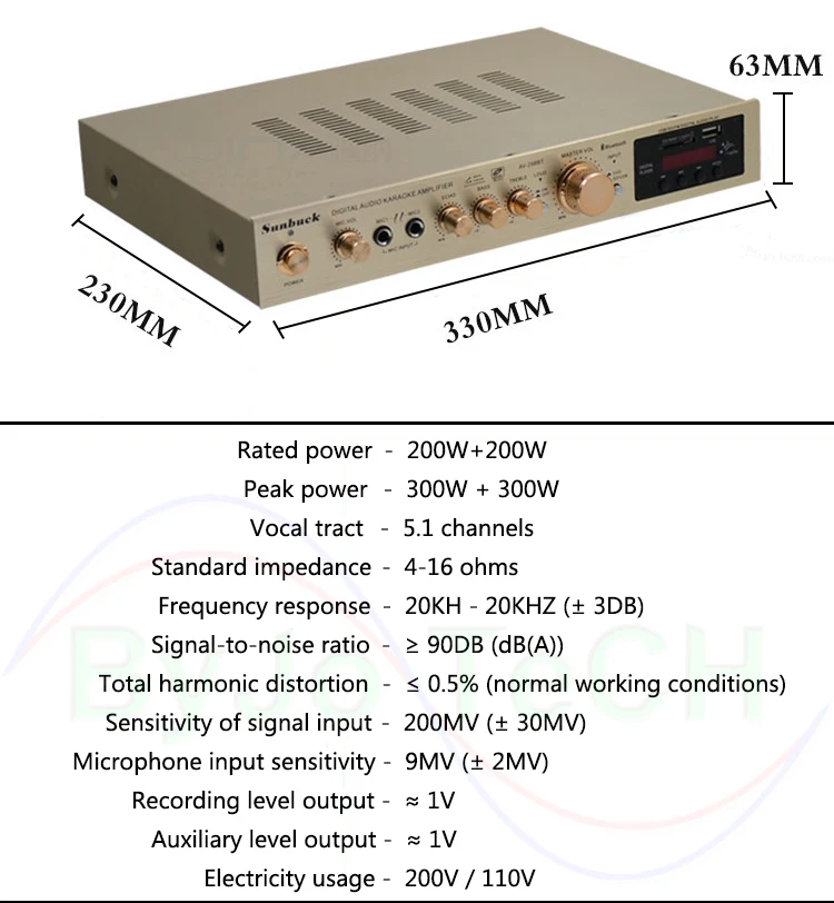 Sunback усилитель высокой мощности 200 Вт+ 200 Вт 5,1 вокальный тракт двойной микрофон реверберация Встроенный Bluetooth FM радио Поддержка SD USB