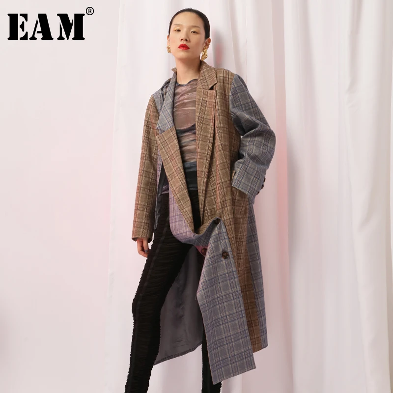 

[EAM] 2019 New Spring Lapel Long Sleeve Gray Plaid Stitching Lose Long Irregular Jacket Women Coat Fashion Tide JH578