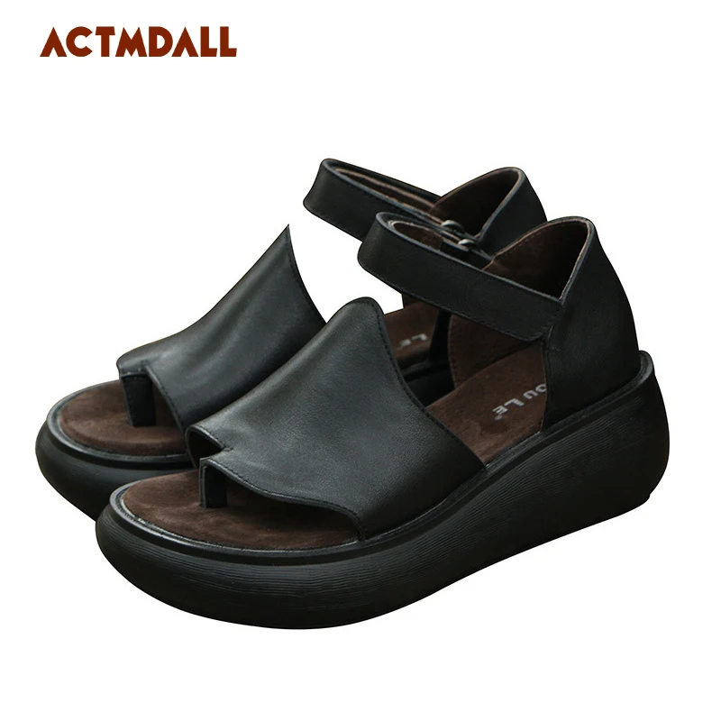

2019 Summer Thick Bottom Leather Sandals Women Retro Wedges Platform Peep Toe Fashion Ladies Sandals 512-1 Actmdall