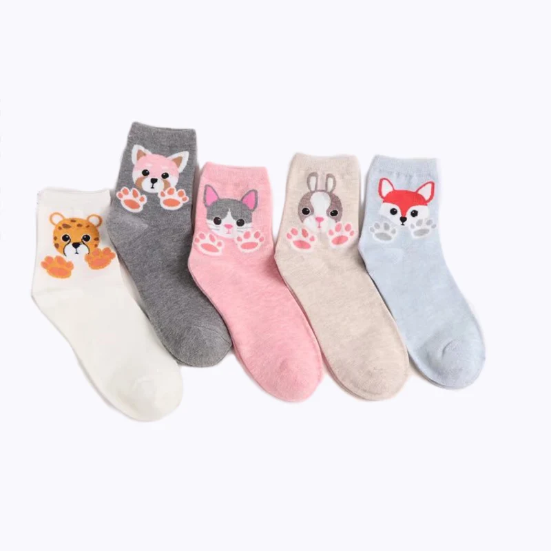 PEONFLY Leisure Time funny novelty cat Socks female women Cartoon Pattern Ventilation Full Cotton hosiery tiger dog 5PAIRS/LOT