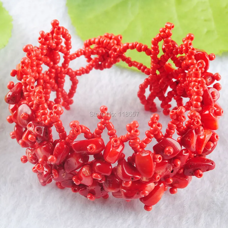 

Free shipping Jewelry NEW Fashion Red Coral Beads Chip Weave Adjustable Bracelet Gem 4~8MM IK3018