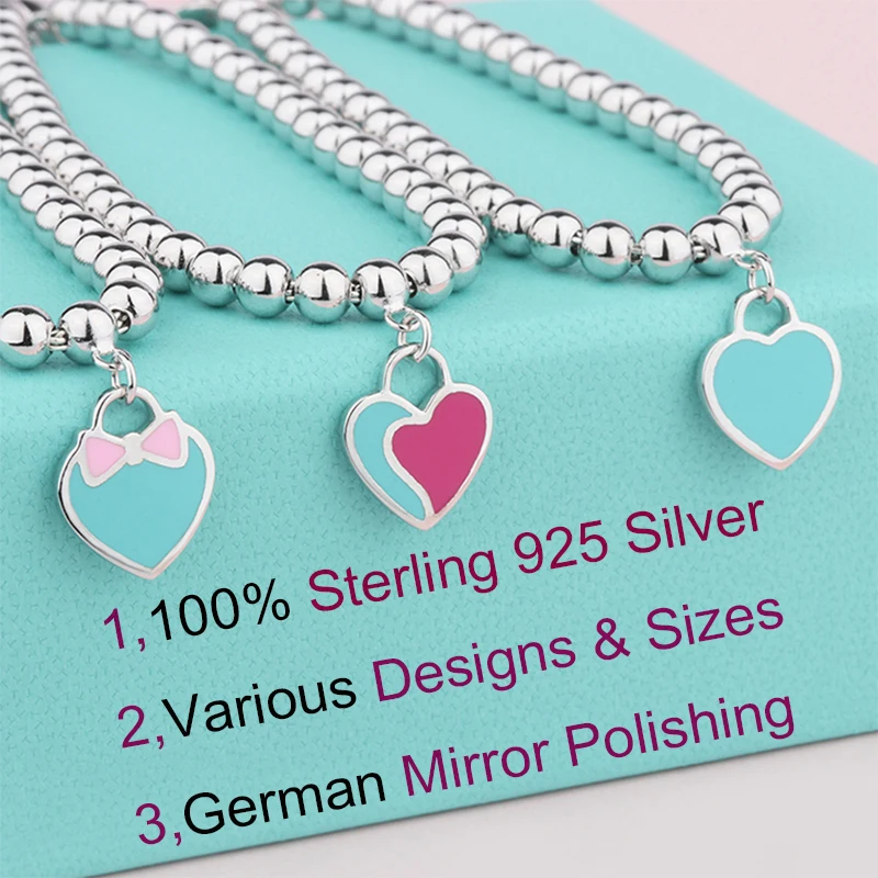 

SW Genuine Sterling 925 silver heart charm bracelet pink bow blue heart tag beaded bracelets love gifts for women girls birthday