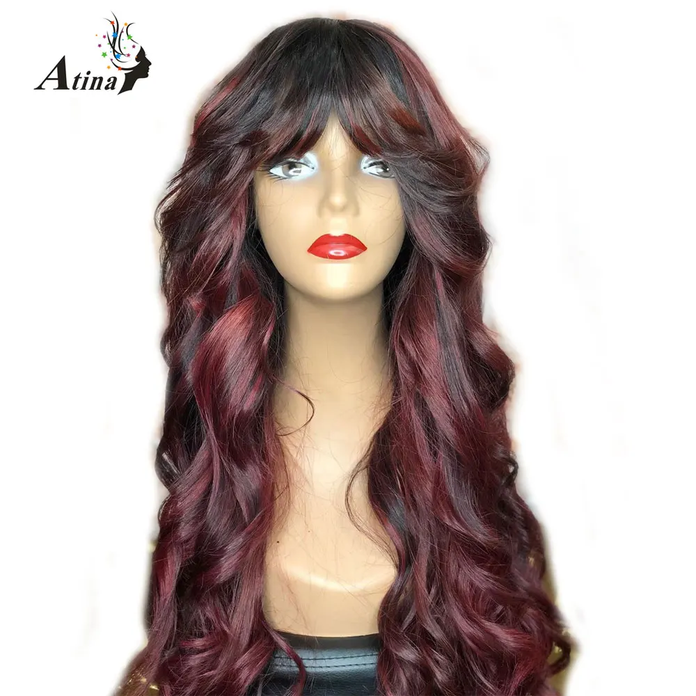 

13*6 Deep Part Lace Front Human Hair Wig Pre Plucked Brazilian Remy Red Color Wavy Wig With bangs For Black Women Atina