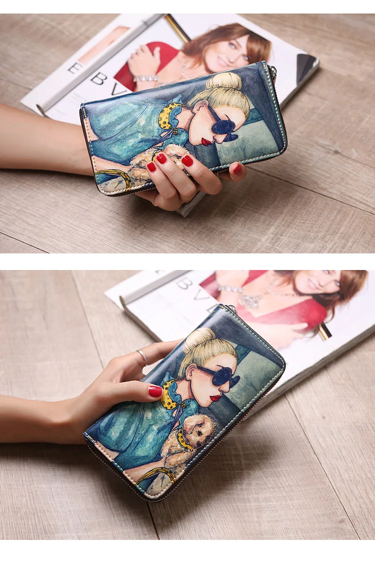 Lasen bag 2017 New lady long leather Chinese style pretty girls animal painting wallet creative painting personalized handbag (6)