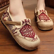 Women Flats Shoes Thai Boho Cotton Linen Canvas Cloth National Handmade Woven Round Toe Flat Shoes Embroidered Plus size 44
