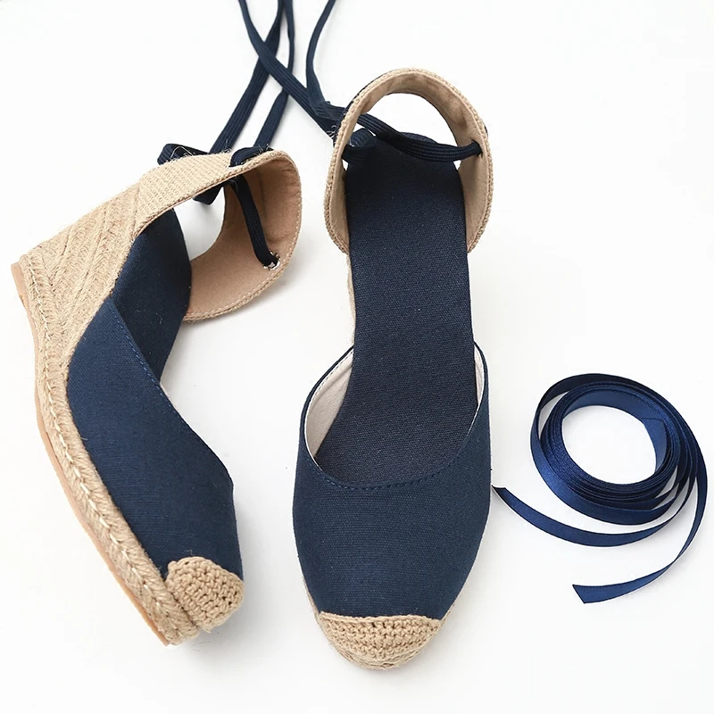 

Summer 2019 European Star Hemp Rope Grass Slope With Ladies Sandals Cross Strap Denim Lace Shoes Casual Fisherman Shoes Women