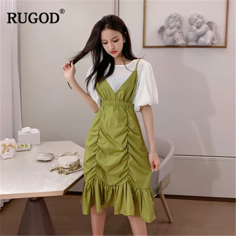 RUGOD новое поступление женское платье русалки из двух частей с круглым вырезом белая рубашка и зеленое плиссированное платье темперамент стильное корейское платье